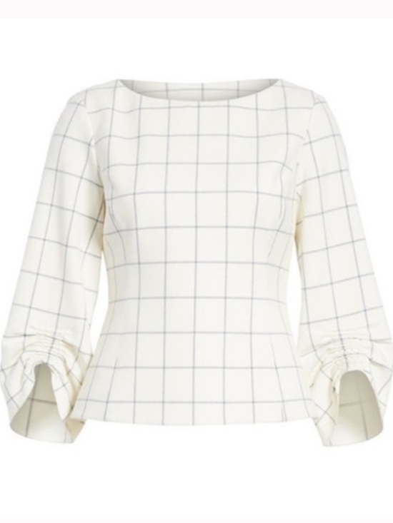 Tibi Tops - Tibi Cream Blouse with Blue Windowpane Plaid and Ruched Cuffs